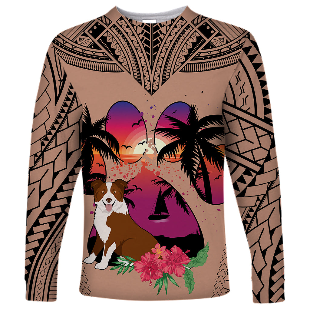 Polynesian Long Sleeve Shirt Dog Lover With Border Collie - Sunset At The Beach Brown Ver LT7 Unisex Brown - Polynesian Pride