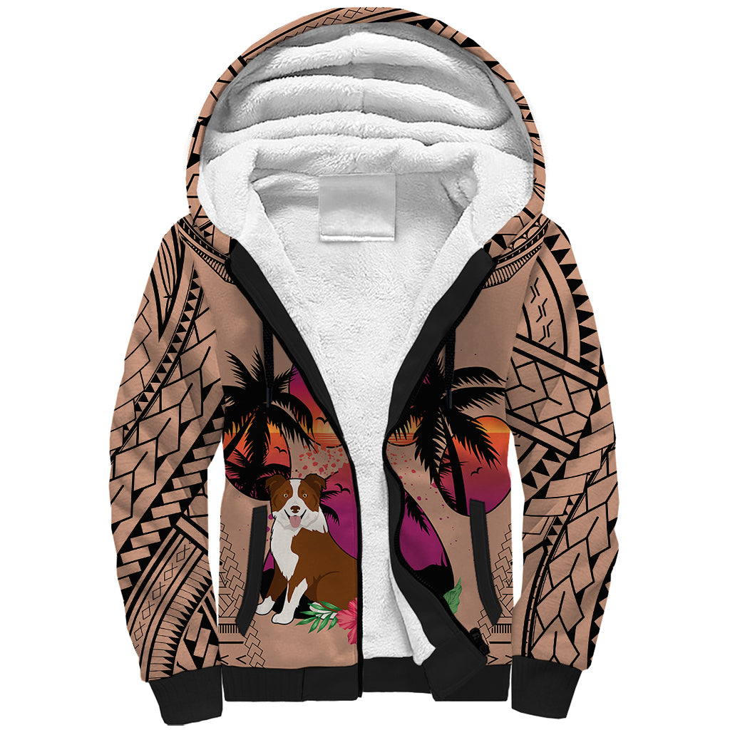 Polynesian Sherpa Hoodie Dog Lover With Border Collie - Sunset At The Beach Brown Ver LT7 Unisex Brown - Polynesian Pride