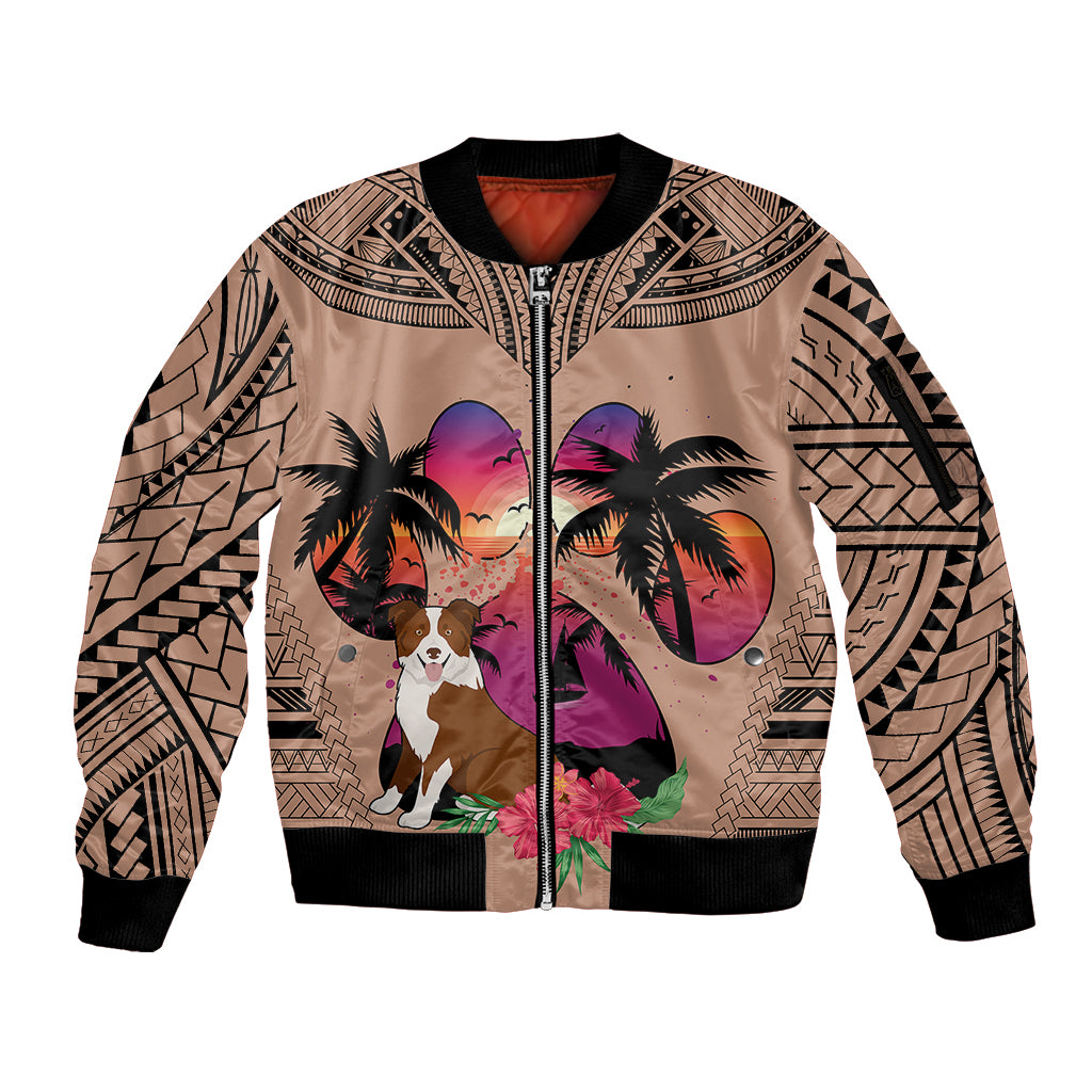 Polynesian Sleeve Zip Bomber Jacket Dog Lover With Border Collie - Sunset At The Beach Brown Ver LT7 Unisex Brown - Polynesian Pride