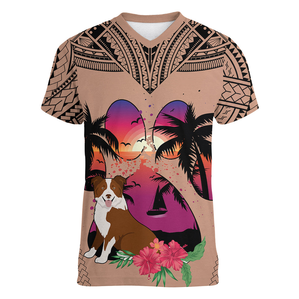 Polynesian Women V Neck T Shirt Dog Lover With Border Collie - Sunset At The Beach Brown Ver LT7 Female Brown - Polynesian Pride