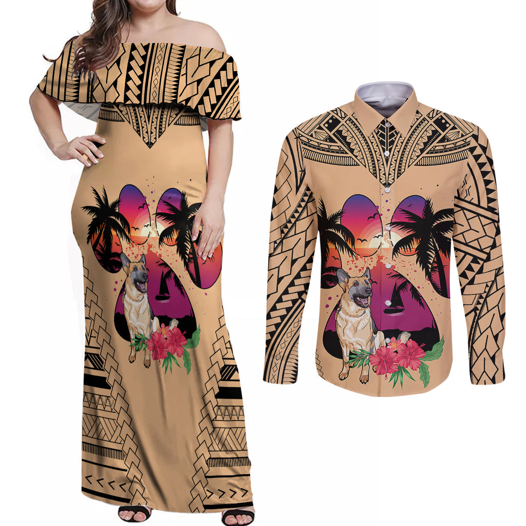 Polynesian Couples Matching Off Shoulder Maxi Dress and Long Sleeve Button Shirts Dog Lover With German Shepherd - Sunset At The Beach LT7 Coral - Polynesian Pride