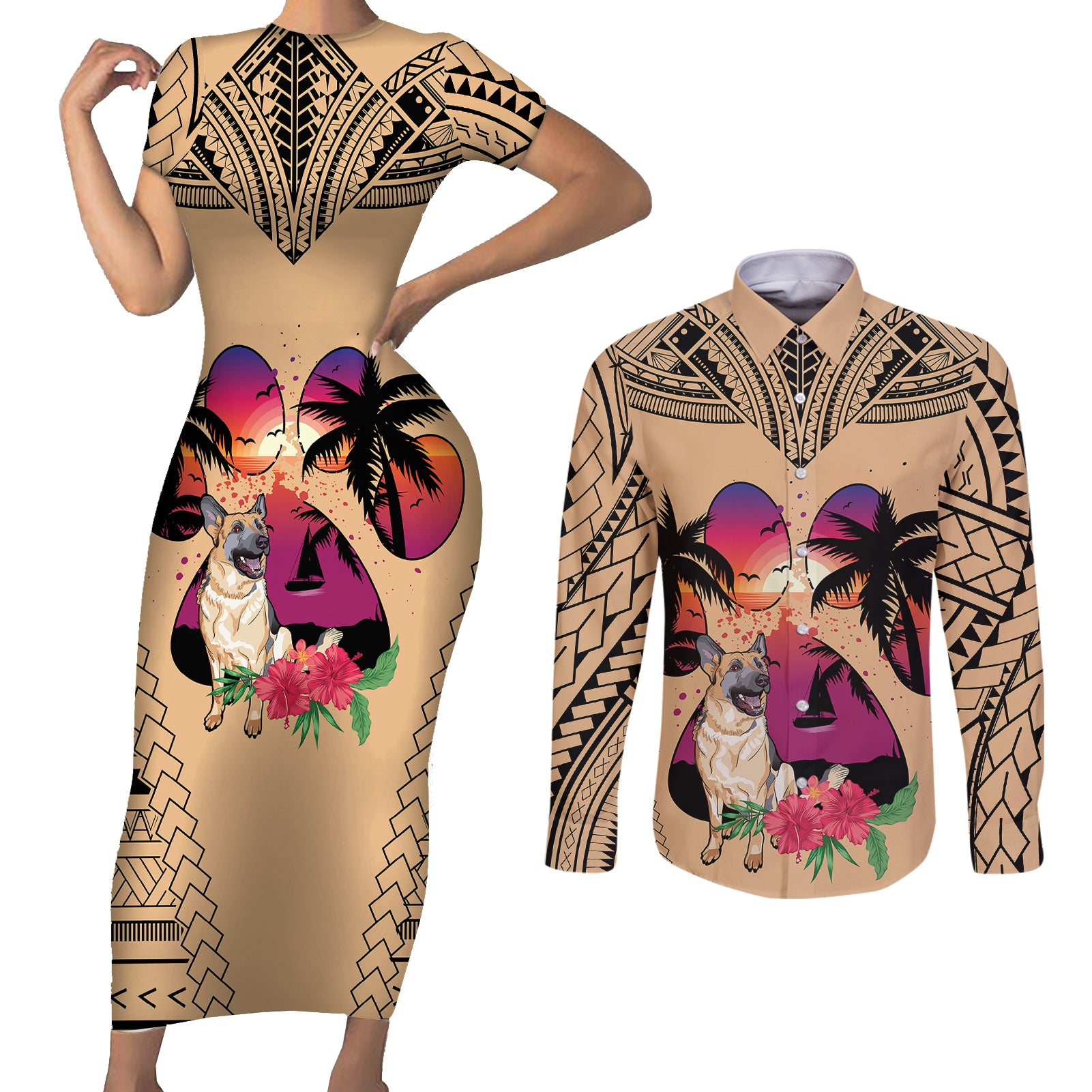 Polynesian Couples Matching Short Sleeve Bodycon Dress and Long Sleeve Button Shirts Dog Lover With German Shepherd - Sunset At The Beach LT7 Coral - Polynesian Pride