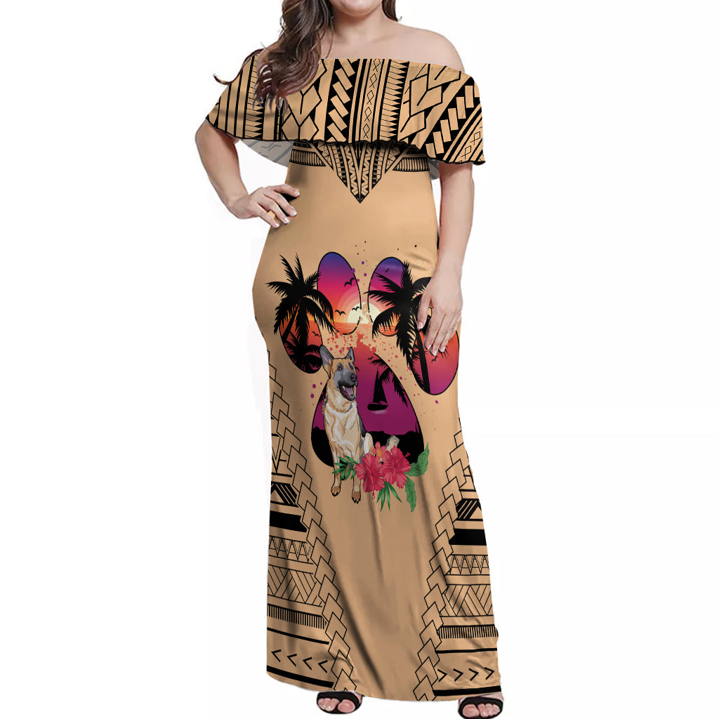 Polynesian Off Shoulder Maxi Dress Dog Lover With German Shepherd - Sunset At The Beach LT7 Women Coral - Polynesian Pride