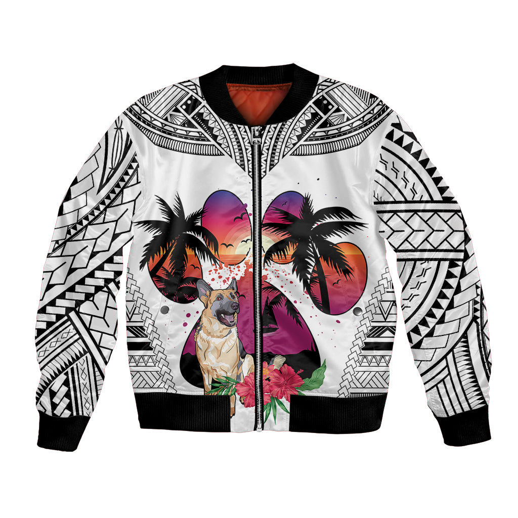 Polynesian Bomber Jacket Dog Lover With German Shepherd - Sunset At The Beach White Ver LT7 Unisex White - Polynesian Pride