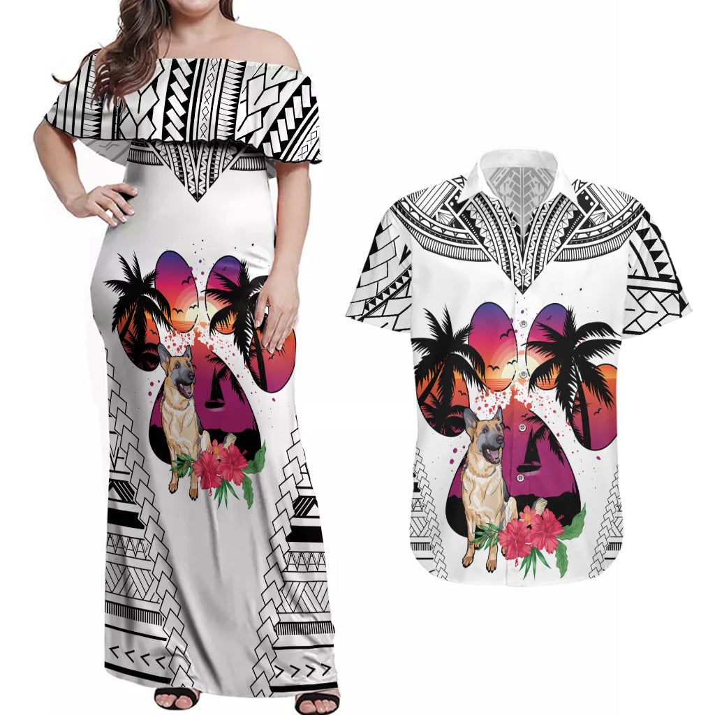 Polynesian Couples Matching Off Shoulder Maxi Dress and Hawaiian Shirt Dog Lover With German Shepherd - Sunset At The Beach White Ver LT7 White - Polynesian Pride