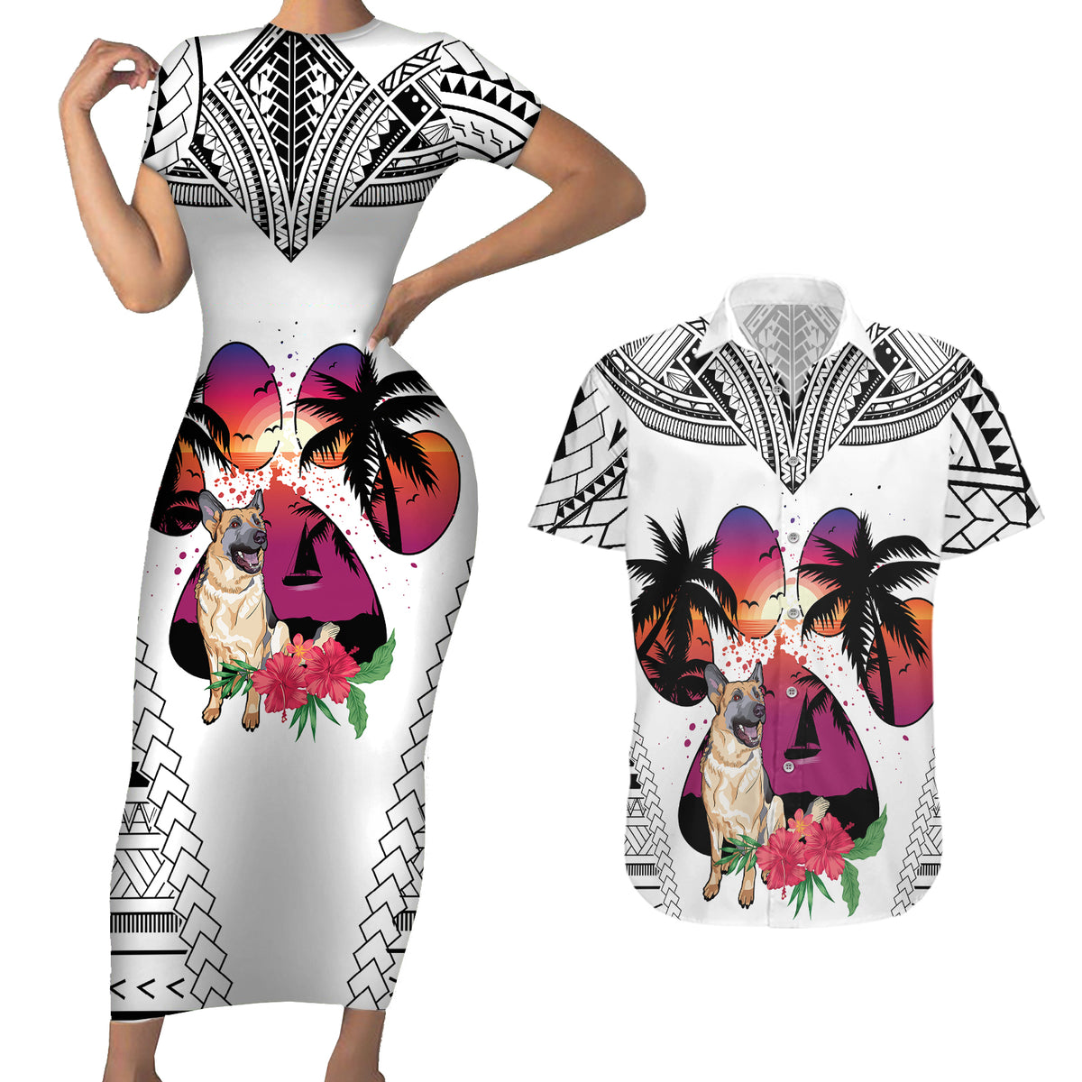Polynesian Couples Matching Short Sleeve Bodycon Dress and Hawaiian Shirt Dog Lover With German Shepherd - Sunset At The Beach White Ver LT7 White - Polynesian Pride