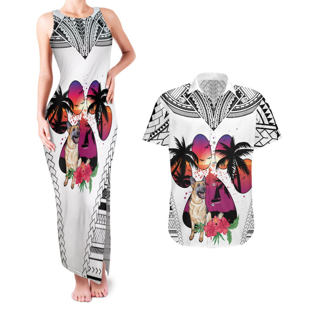 Polynesian Couples Matching Tank Maxi Dress and Hawaiian Shirt Dog Lover With German Shepherd - Sunset At The Beach White Ver LT7 White - Polynesian Pride