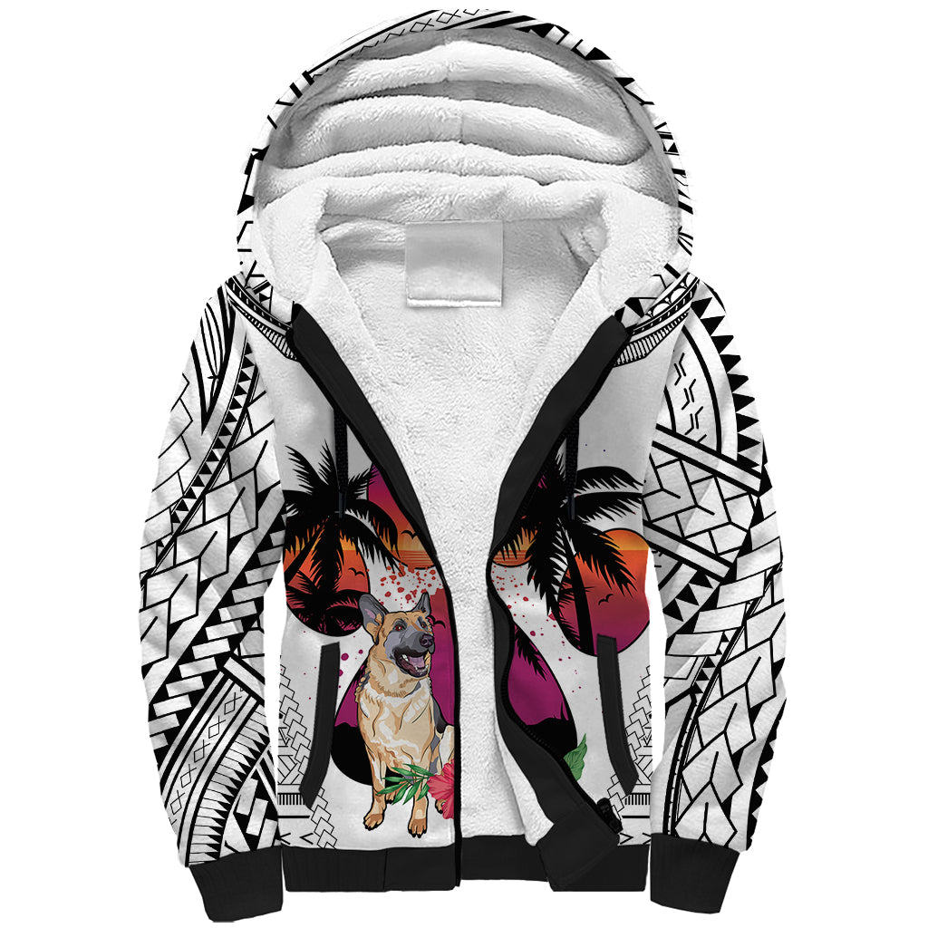 Polynesian Sherpa Hoodie Dog Lover With German Shepherd - Sunset At The Beach White Ver LT7 Unisex White - Polynesian Pride