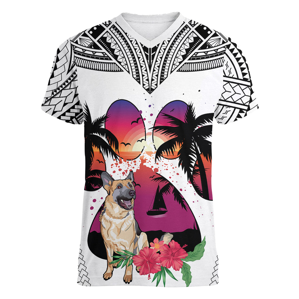 Polynesian Women V Neck T Shirt Dog Lover With German Shepherd - Sunset At The Beach White Ver LT7 Female White - Polynesian Pride