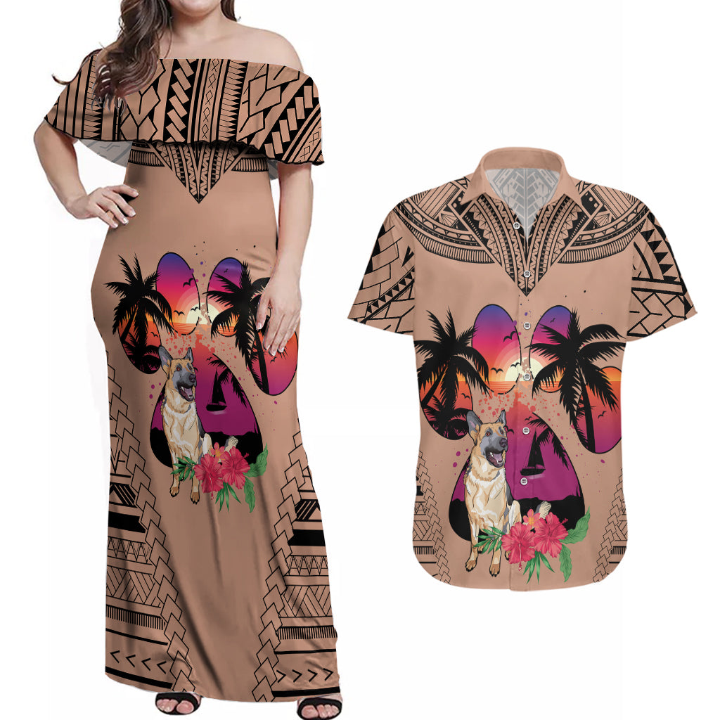 Polynesian Couples Matching Off Shoulder Maxi Dress and Hawaiian Shirt Dog Lover With German Shepherd - Sunset At The Beach Brown Ver LT7 Brown - Polynesian Pride