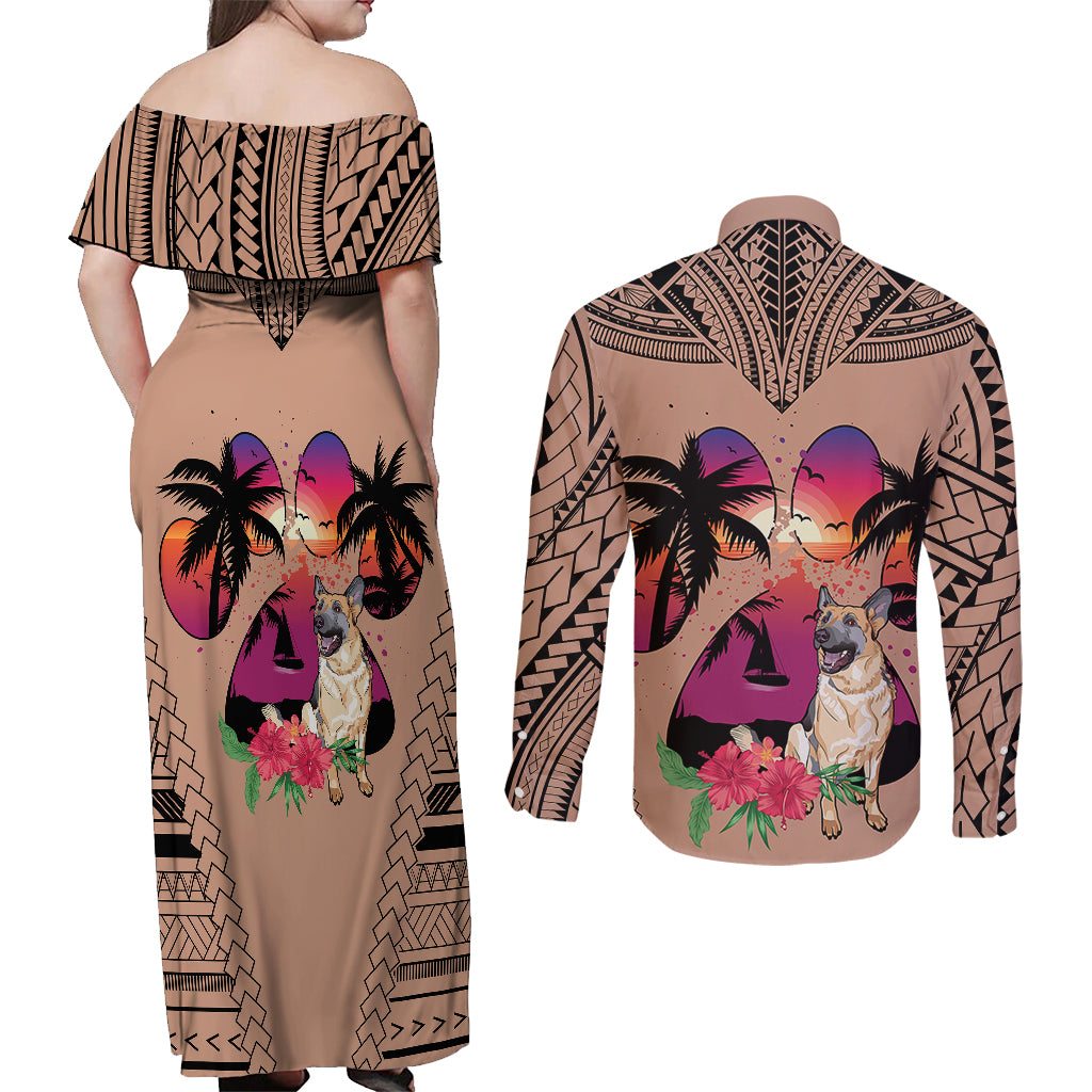 Polynesian Couples Matching Off Shoulder Maxi Dress and Long Sleeve Button Shirts Dog Lover With German Shepherd - Sunset At The Beach Brown Ver LT7 - Polynesian Pride