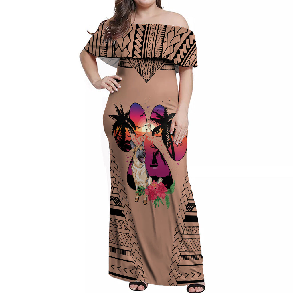 Polynesian Off Shoulder Maxi Dress Dog Lover With German Shepherd - Sunset At The Beach Brown Ver LT7 Women Brown - Polynesian Pride