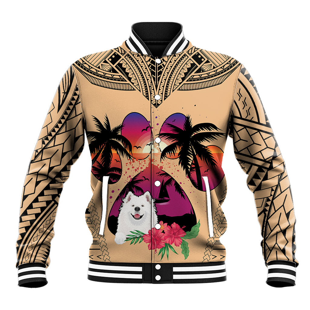 Polynesian Baseball Jacket Dog Lover With Samoyed - Sunset At The Beach LT7 Unisex Coral - Polynesian Pride