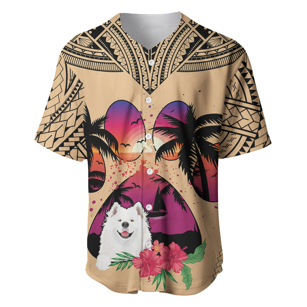 Polynesian Baseball Jersey Dog Lover With Samoyed - Sunset At The Beach LT7 Coral - Polynesian Pride