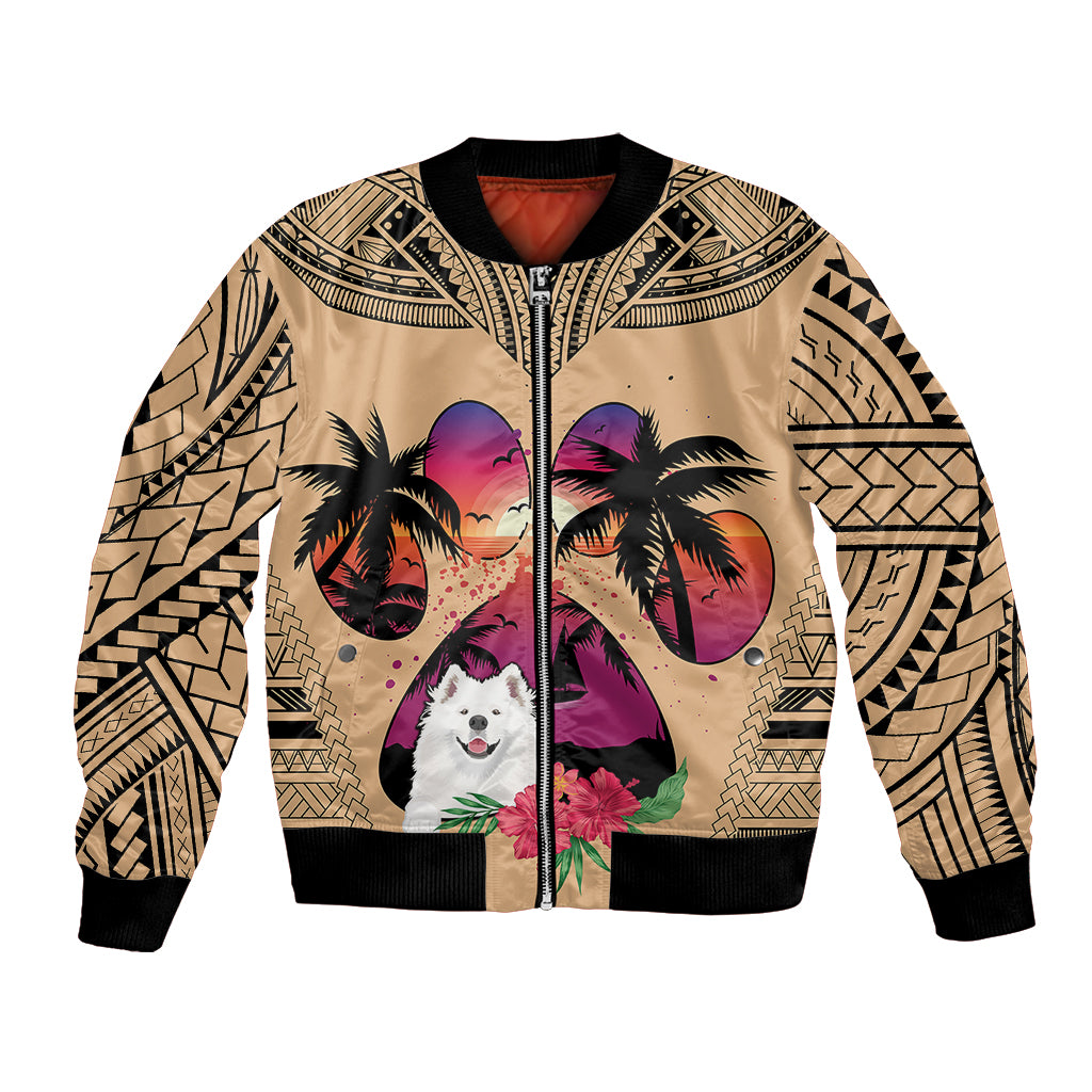 Polynesian Bomber Jacket Dog Lover With Samoyed - Sunset At The Beach LT7 Unisex Coral - Polynesian Pride