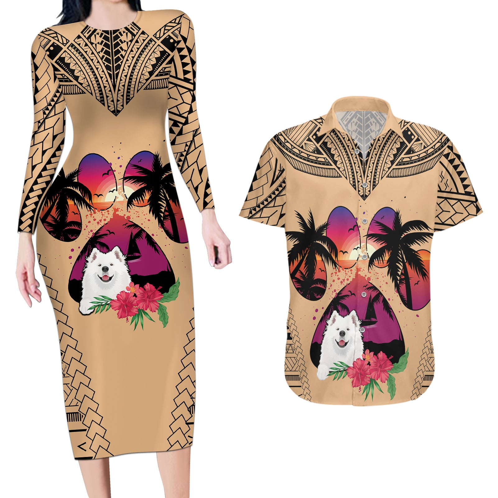 Polynesian Couples Matching Long Sleeve Bodycon Dress and Hawaiian Shirt Dog Lover With Samoyed - Sunset At The Beach LT7 Coral - Polynesian Pride