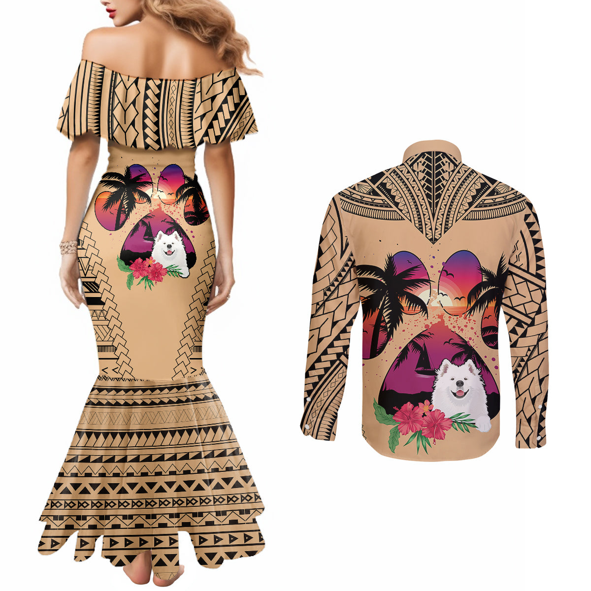 Polynesian Couples Matching Mermaid Dress and Long Sleeve Button Shirts Dog Lover With Samoyed - Sunset At The Beach LT7 - Polynesian Pride