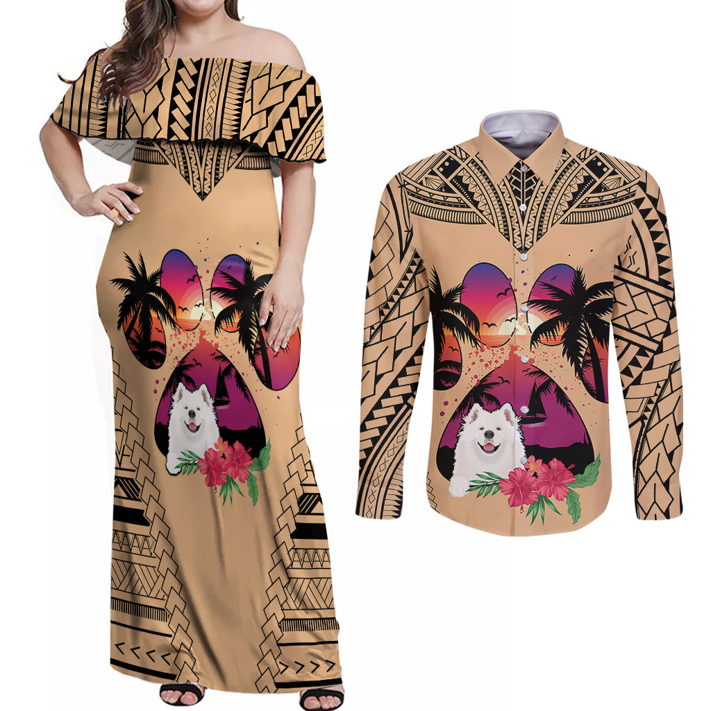 Polynesian Couples Matching Off Shoulder Maxi Dress and Long Sleeve Button Shirts Dog Lover With Samoyed - Sunset At The Beach LT7 Coral - Polynesian Pride