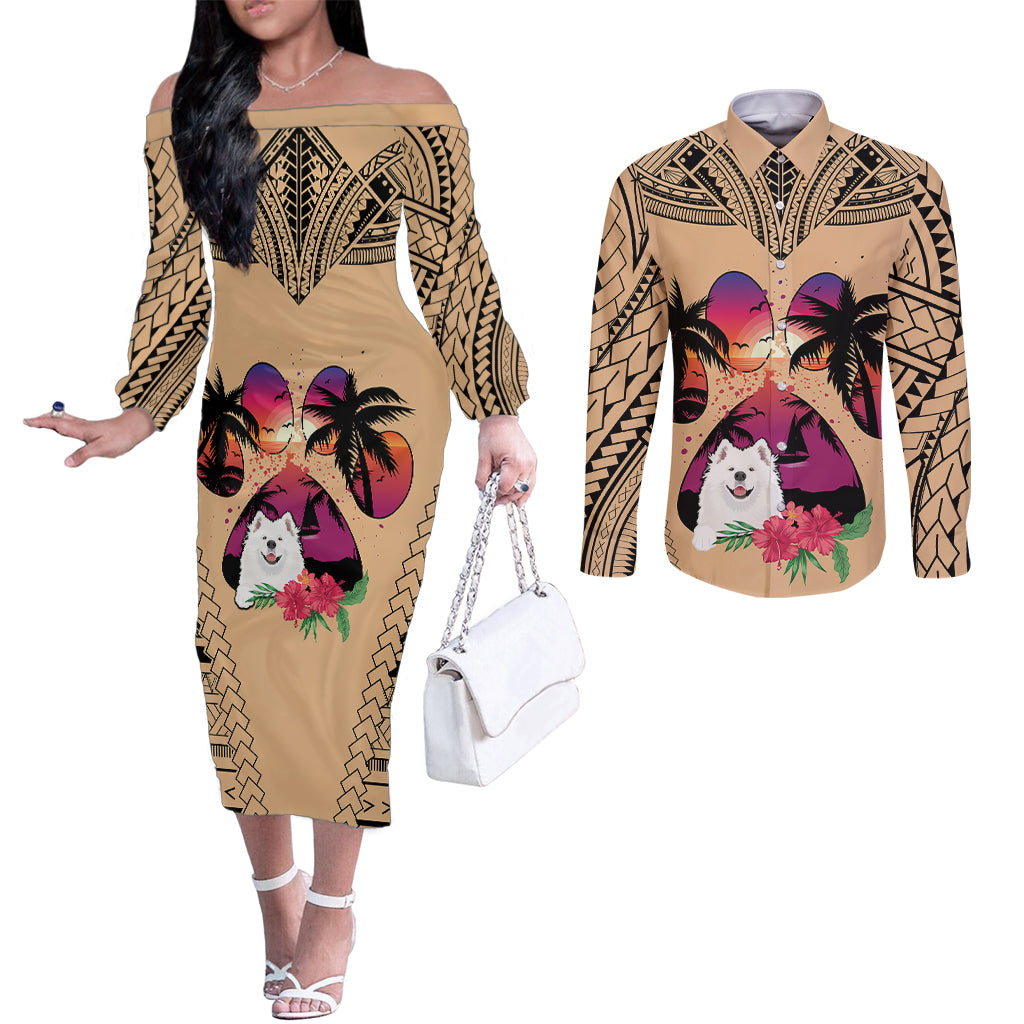 Polynesian Couples Matching Off The Shoulder Long Sleeve Dress and Long Sleeve Button Shirts Dog Lover With Samoyed - Sunset At The Beach LT7 Coral - Polynesian Pride