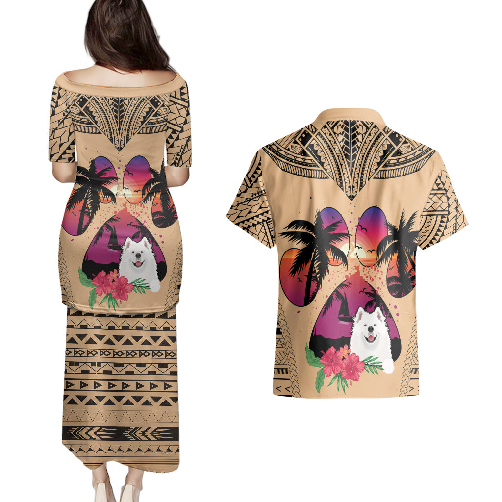 Polynesian Couples Matching Puletasi Dress and Hawaiian Shirt Dog Lover With Samoyed - Sunset At The Beach LT7 - Polynesian Pride