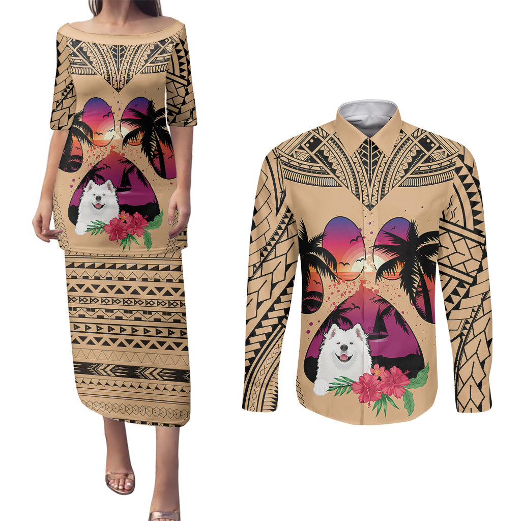 Polynesian Couples Matching Puletasi Dress and Long Sleeve Button Shirts Dog Lover With Samoyed - Sunset At The Beach LT7 Coral - Polynesian Pride