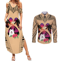 Polynesian Couples Matching Summer Maxi Dress and Long Sleeve Button Shirts Dog Lover With Samoyed - Sunset At The Beach LT7 Coral - Polynesian Pride