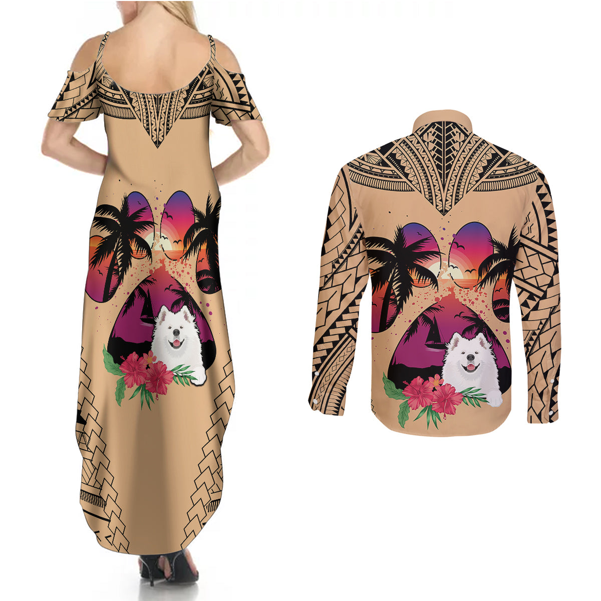 Polynesian Couples Matching Summer Maxi Dress and Long Sleeve Button Shirts Dog Lover With Samoyed - Sunset At The Beach LT7 - Polynesian Pride