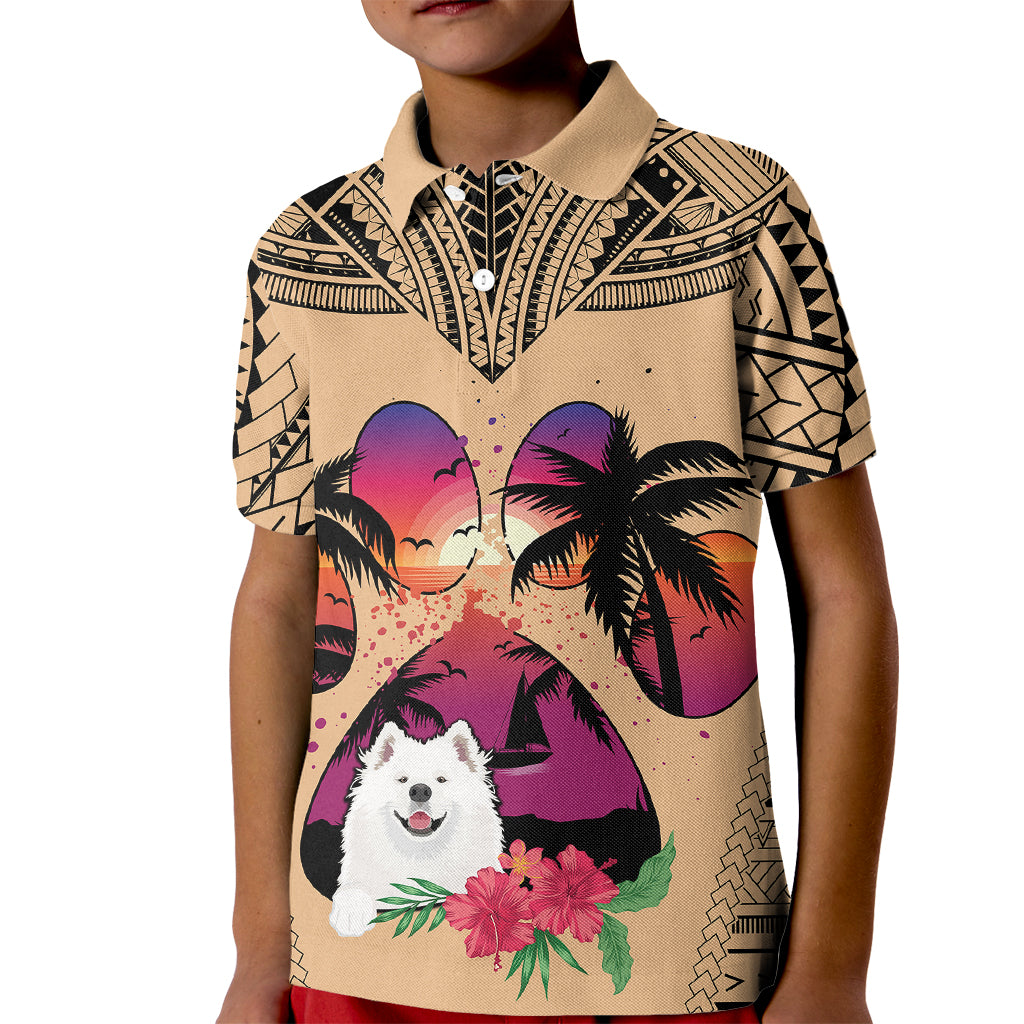 Polynesian Kid Polo Shirt Dog Lover With Samoyed - Sunset At The Beach LT7 Kid Coral - Polynesian Pride