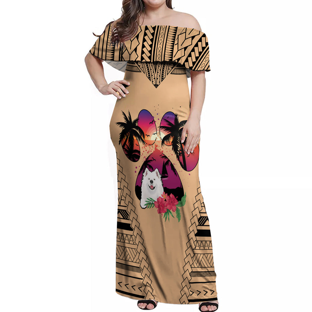 Polynesian Off Shoulder Maxi Dress Dog Lover With Samoyed - Sunset At The Beach LT7 Women Coral - Polynesian Pride