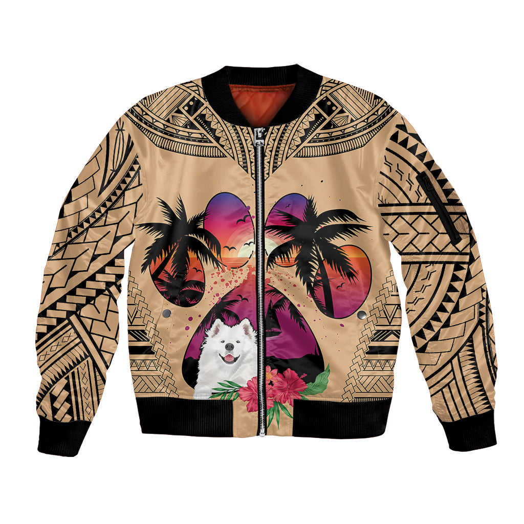 Polynesian Sleeve Zip Bomber Jacket Dog Lover With Samoyed - Sunset At The Beach LT7 Unisex Coral - Polynesian Pride