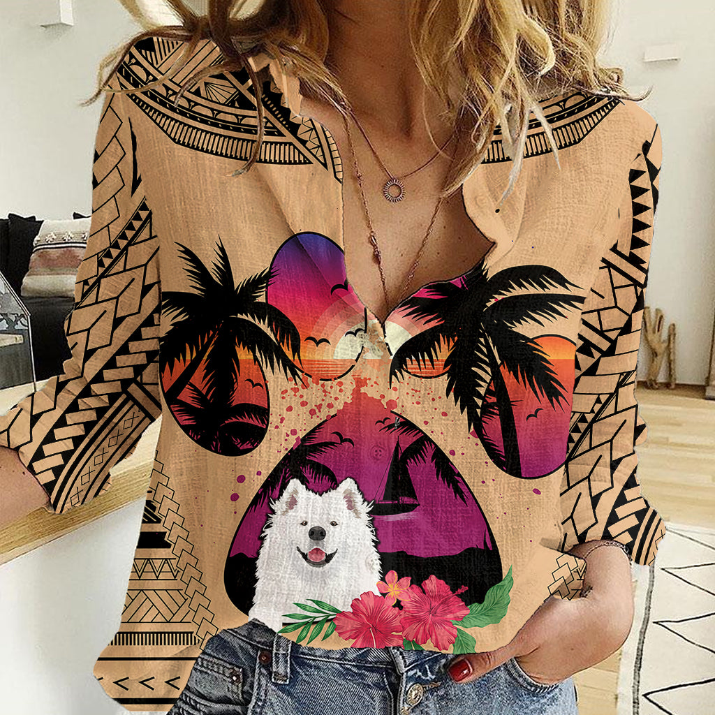 Polynesian Women Casual Shirt Dog Lover With Samoyed - Sunset At The Beach LT7 Female Coral - Polynesian Pride