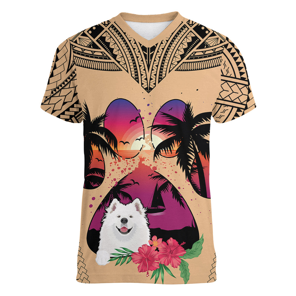 Polynesian Women V Neck T Shirt Dog Lover With Samoyed - Sunset At The Beach LT7 Female Coral - Polynesian Pride