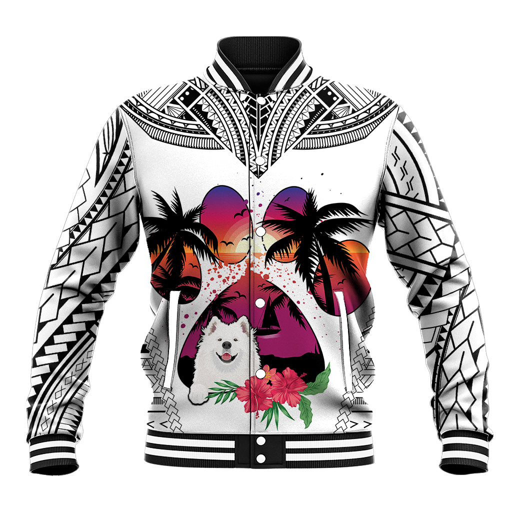 Polynesian Baseball Jacket Dog Lover With Samoyed - Sunset At The Beach White Ver LT7 Unisex White - Polynesian Pride