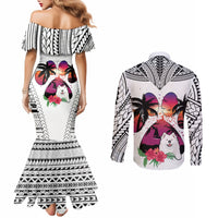Polynesian Couples Matching Mermaid Dress and Long Sleeve Button Shirts Dog Lover With Samoyed - Sunset At The Beach White Ver LT7 - Polynesian Pride