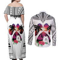 Polynesian Couples Matching Off Shoulder Maxi Dress and Long Sleeve Button Shirts Dog Lover With Samoyed - Sunset At The Beach White Ver LT7 - Polynesian Pride
