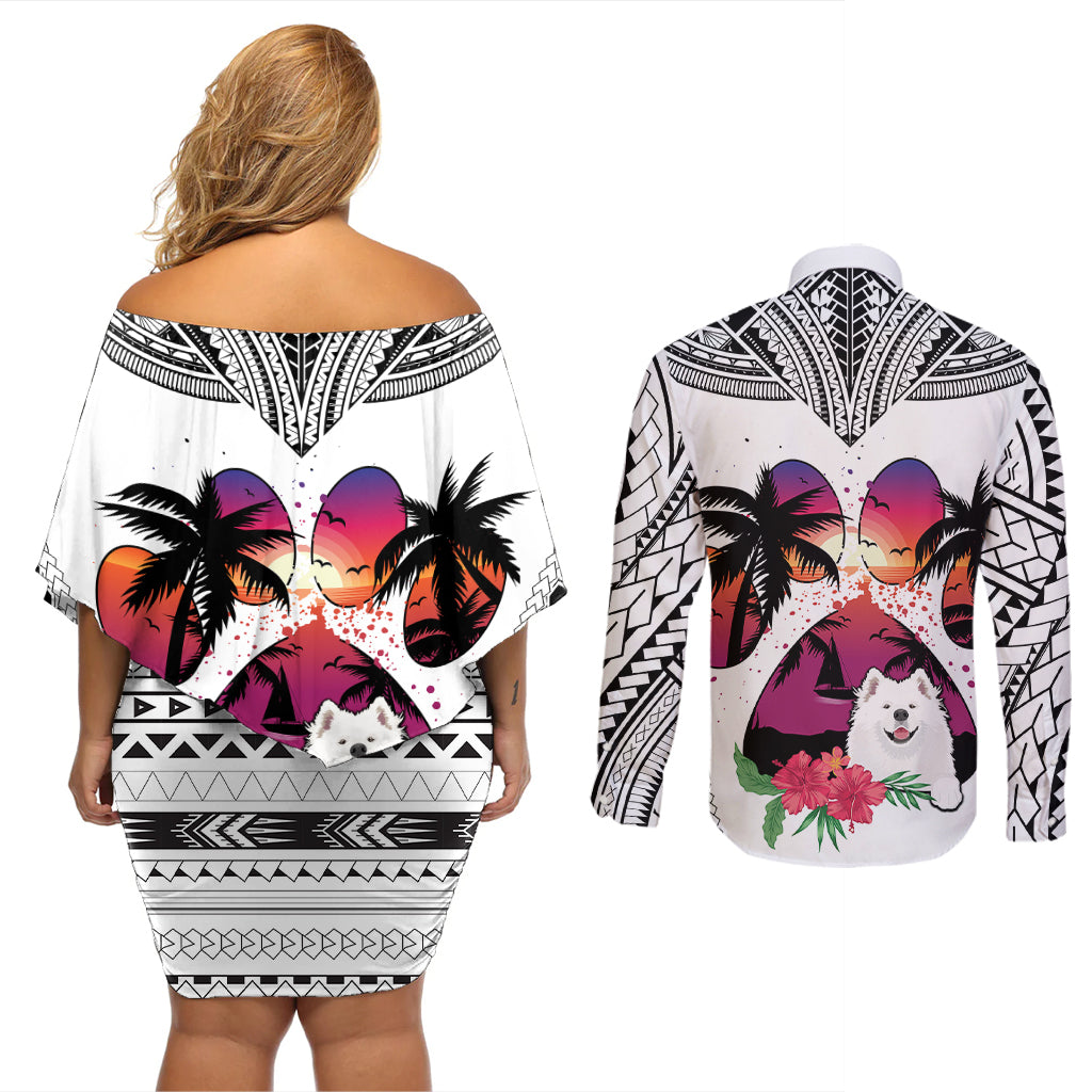 Polynesian Couples Matching Off Shoulder Short Dress and Long Sleeve Button Shirts Dog Lover With Samoyed - Sunset At The Beach White Ver LT7 - Polynesian Pride