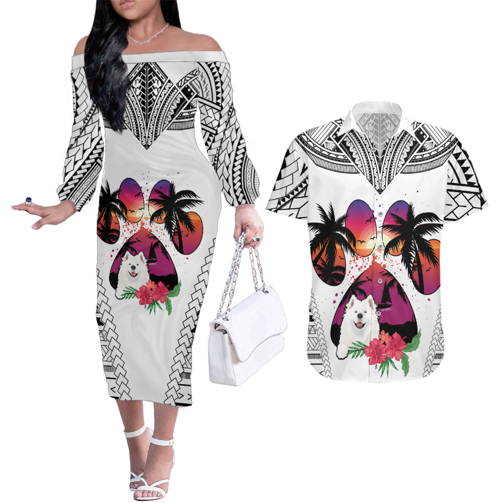 Polynesian Couples Matching Off The Shoulder Long Sleeve Dress and Hawaiian Shirt Dog Lover With Samoyed - Sunset At The Beach White Ver LT7 White - Polynesian Pride