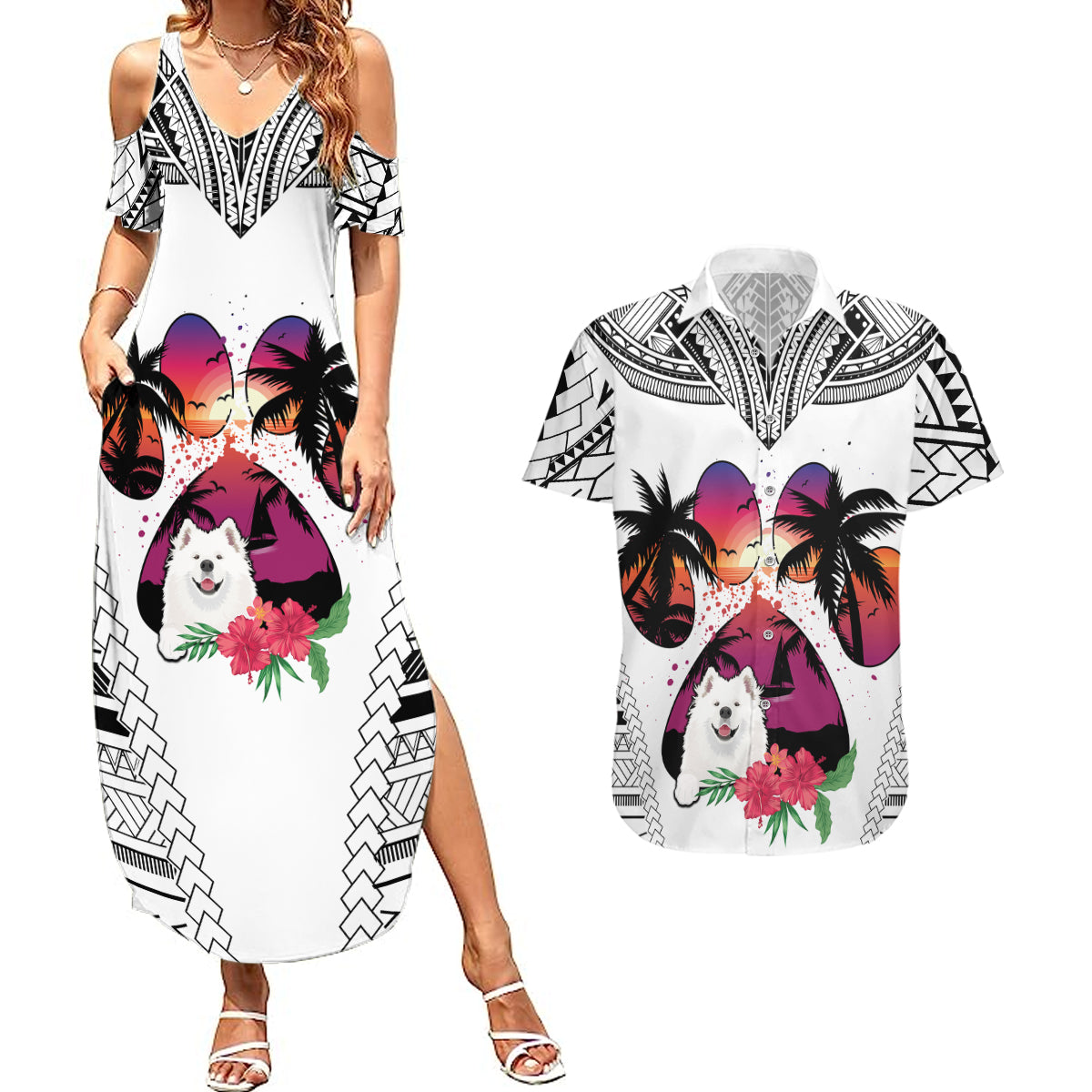 Polynesian Couples Matching Summer Maxi Dress and Hawaiian Shirt Dog Lover With Samoyed - Sunset At The Beach White Ver LT7 White - Polynesian Pride