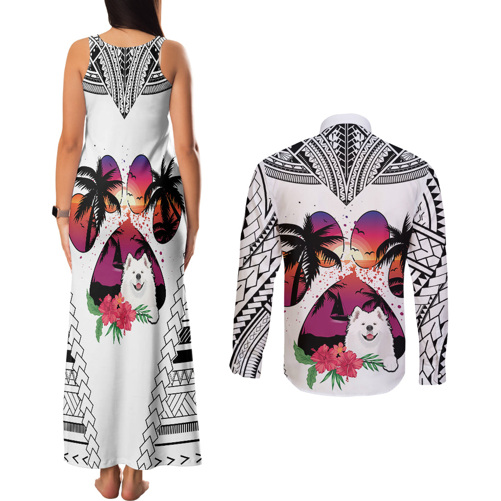 Polynesian Couples Matching Tank Maxi Dress and Long Sleeve Button Shirts Dog Lover With Samoyed - Sunset At The Beach White Ver LT7 - Polynesian Pride