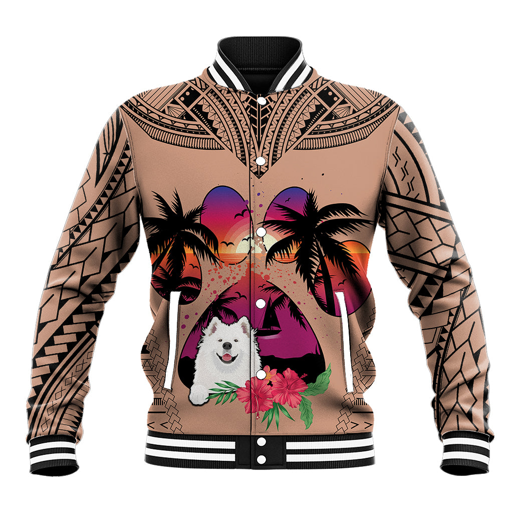 Polynesian Baseball Jacket Dog Lover With Samoyed - Sunset At The Beach Brown Ver LT7 Unisex Brown - Polynesian Pride