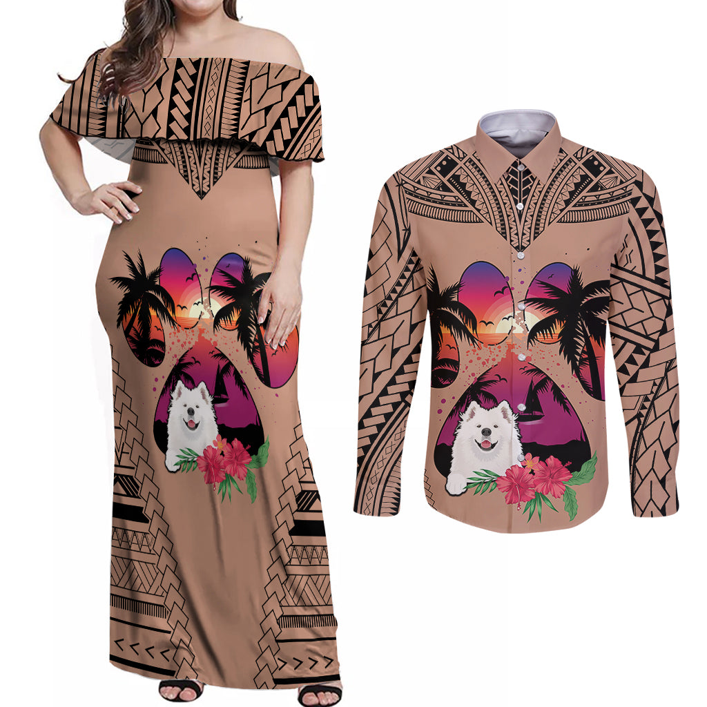 Polynesian Couples Matching Off Shoulder Maxi Dress and Long Sleeve Button Shirts Dog Lover With Samoyed - Sunset At The Beach Brown Ver LT7 Brown - Polynesian Pride