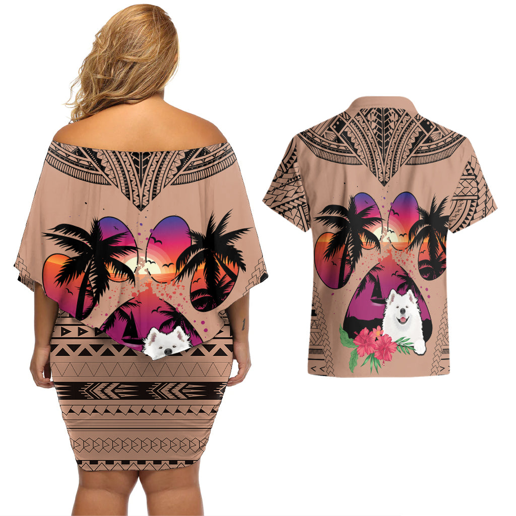 Polynesian Couples Matching Off Shoulder Short Dress and Hawaiian Shirt Dog Lover With Samoyed - Sunset At The Beach Brown Ver LT7 - Polynesian Pride
