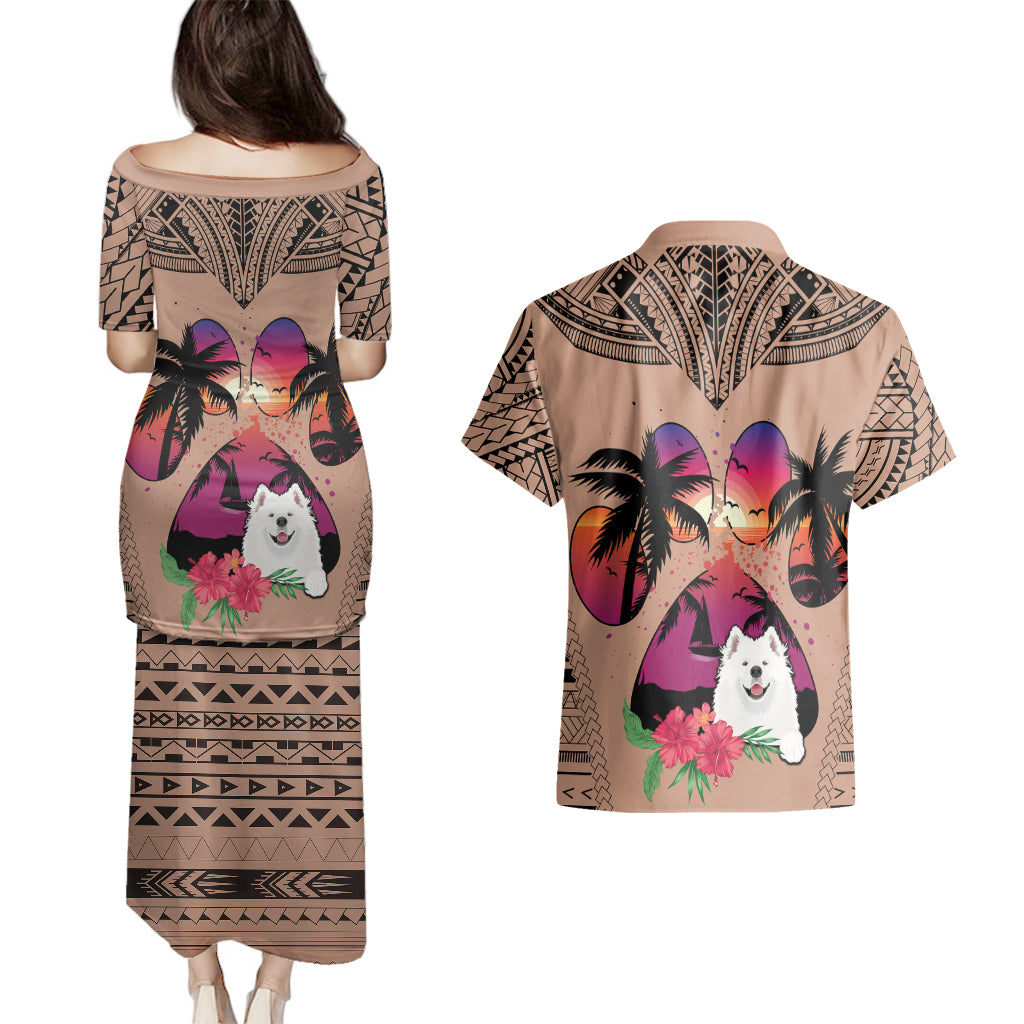 Polynesian Couples Matching Puletasi Dress and Hawaiian Shirt Dog Lover With Samoyed - Sunset At The Beach Brown Ver LT7 - Polynesian Pride