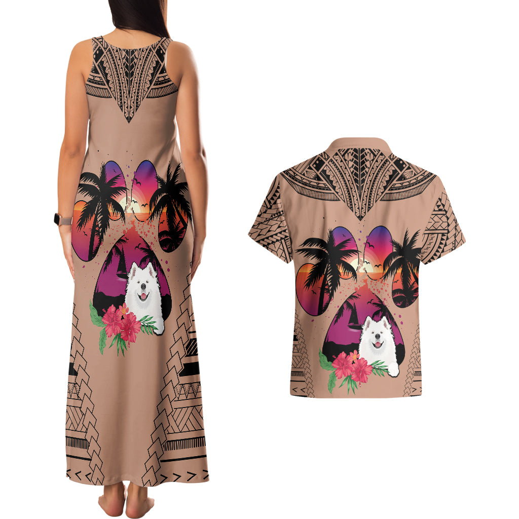 Polynesian Couples Matching Tank Maxi Dress and Hawaiian Shirt Dog Lover With Samoyed - Sunset At The Beach Brown Ver LT7 - Polynesian Pride