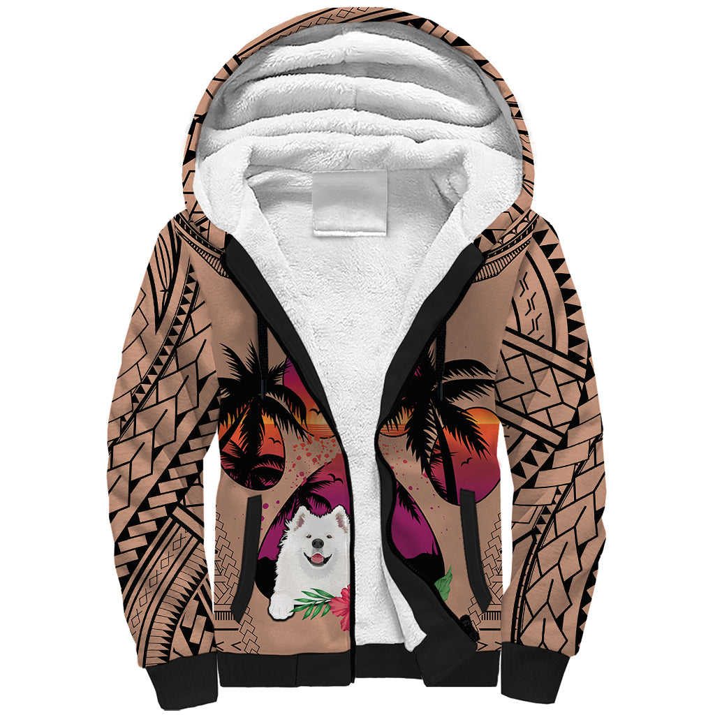 Polynesian Sherpa Hoodie Dog Lover With Samoyed - Sunset At The Beach Brown Ver LT7 Unisex Brown - Polynesian Pride