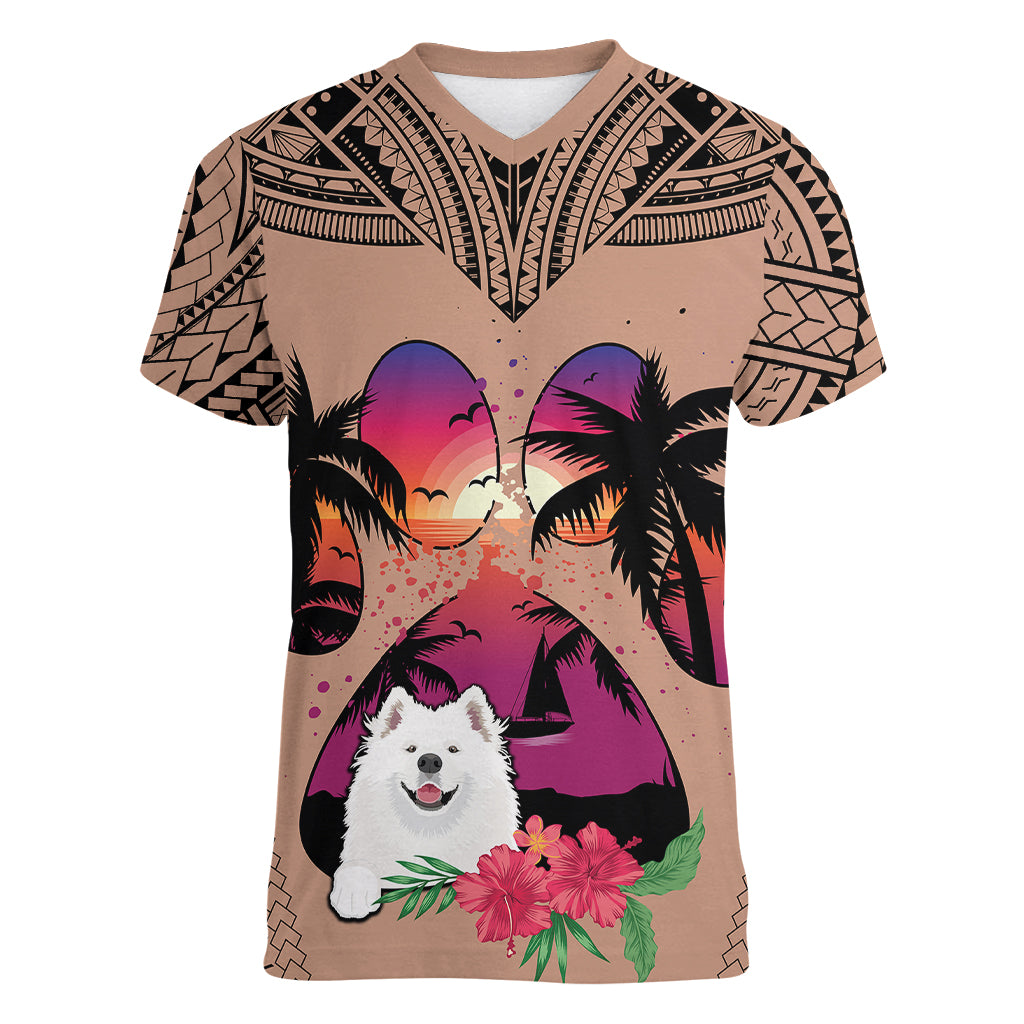 Polynesian Women V Neck T Shirt Dog Lover With Samoyed - Sunset At The Beach Brown Ver LT7 Female Brown - Polynesian Pride