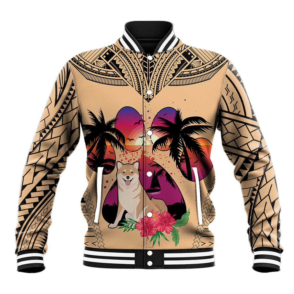 Polynesian Baseball Jacket Dog Lover With Shiba Inu - Sunset At The Beach LT7 Unisex Coral - Polynesian Pride