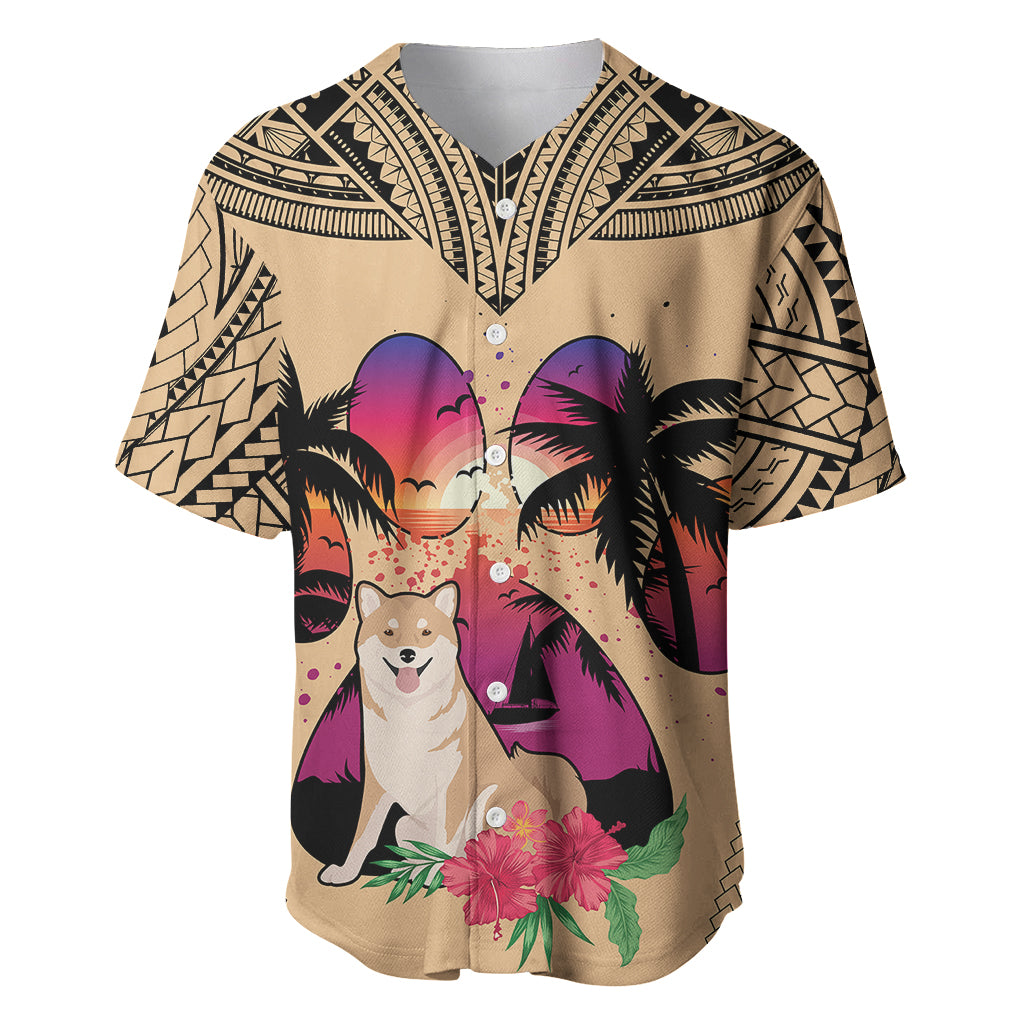 Polynesian Baseball Jersey Dog Lover With Shiba Inu - Sunset At The Beach LT7 Coral - Polynesian Pride