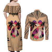 Polynesian Couples Matching Off Shoulder Maxi Dress and Long Sleeve Button Shirts Dog Lover With Shiba Inu - Sunset At The Beach LT7 - Polynesian Pride