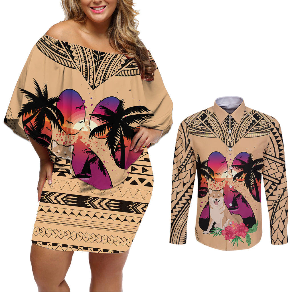 Polynesian Couples Matching Off Shoulder Short Dress and Long Sleeve Button Shirts Dog Lover With Shiba Inu - Sunset At The Beach LT7 Coral - Polynesian Pride